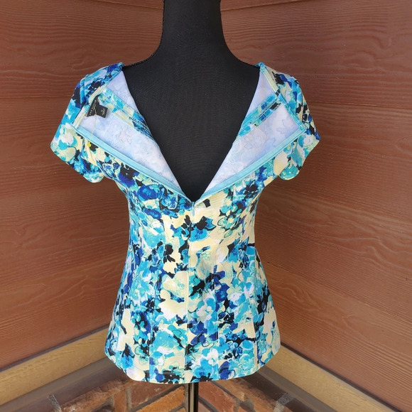 Ann Taylor Women's Size Small Floral Blouse Teal Blue Yellow Back Zip Top - Picture 7 of 9